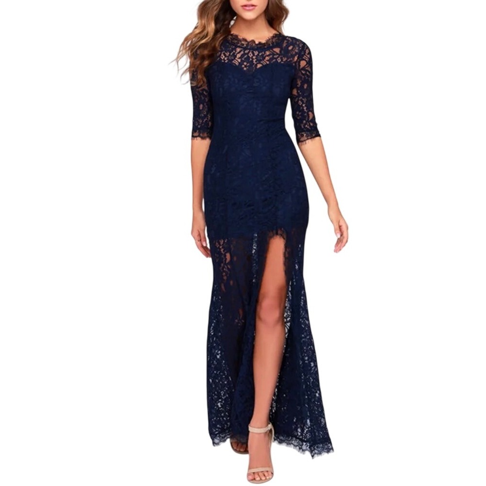 Lulus Navy Blue Lace Overlay Eyelash Trim Romantic Fairygoth Maxi Dress Size M